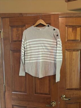 GAP Beige and White Striped Crewneck Sweater with Shoulder Buttons